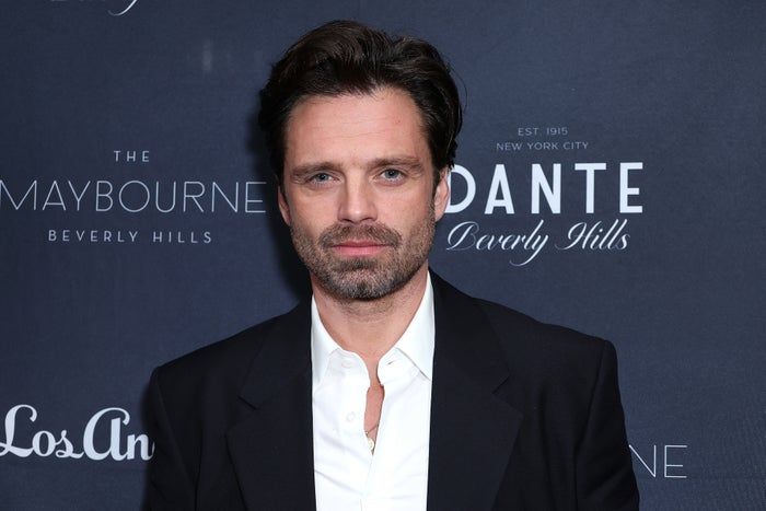 Sebastian Stan, dressed in a black suit and white shirt, poses at a formal event with a backdrop.