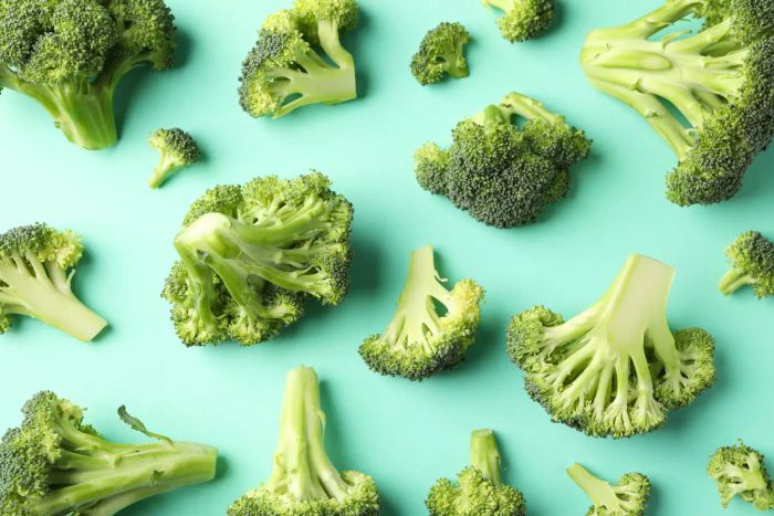 Top-down view of broccoli on a mint-colored background