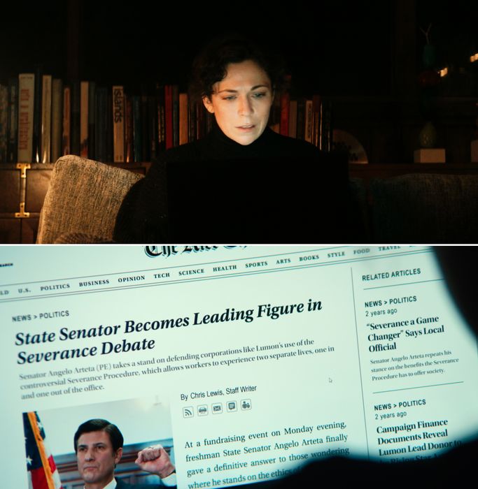 Devon reads an article on her laptop about a state senator’s prominent role in the severance debate.