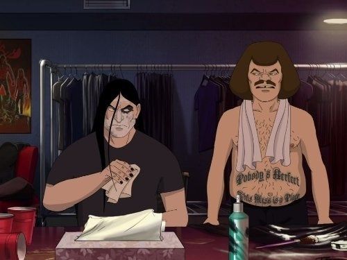 Two animated characters in a fitting room, one with long dark hair and the other with a towel draped over their shoulders, standing among clothes racks and accessories.