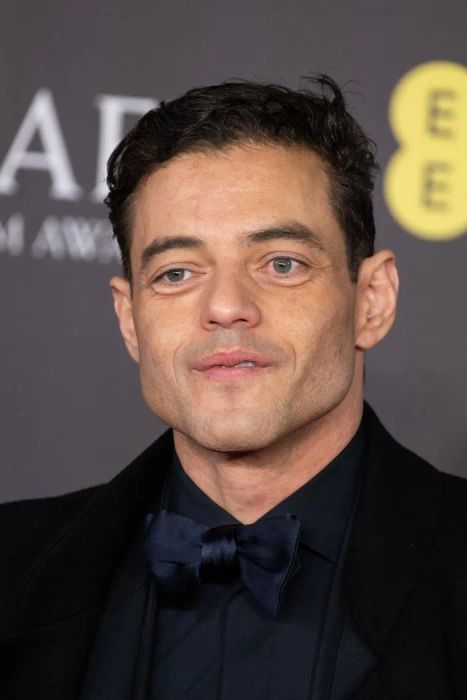 Rami Malek, dressed in a dark suit and bow tie, strikes a pose for photographers at an event.