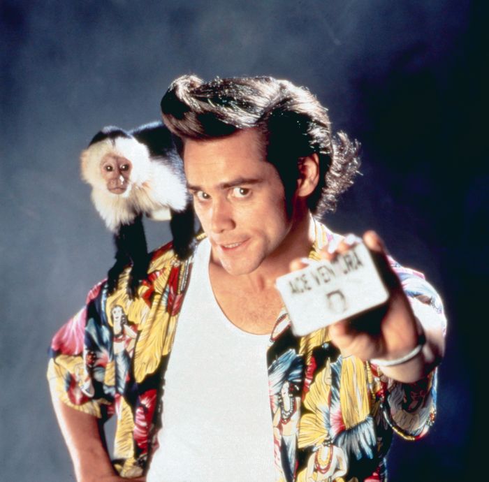 A person in a vibrant shirt with a playful monkey perched on their shoulder holds out a card in a fun and whimsical manner.