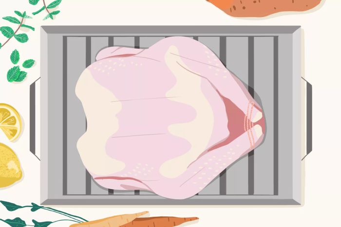 A turkey resting on a roasting pan, ready for the oven
