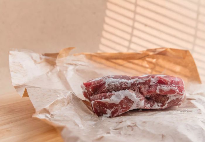 Frozen beef steaks placed on brown packaging paper with a soft lighting effect.