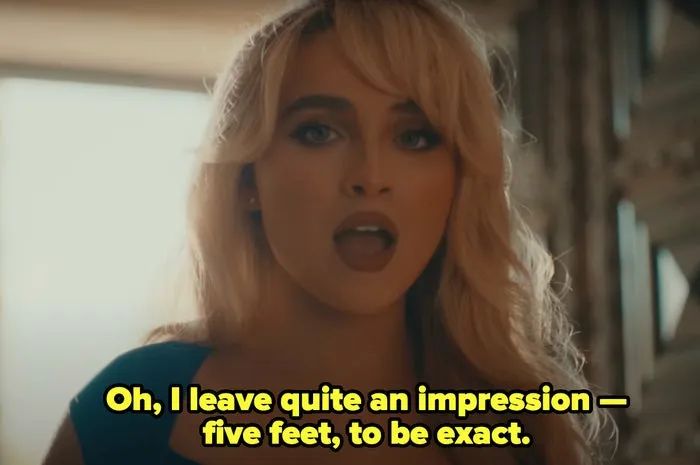 Sabrina Carpenter, with her long hair, says: "Oh, I make quite the impact—standing at five feet, exactly."