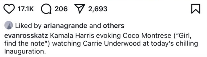 Instagram post by Evan Ross Katz comparing Kamala Harris to Coco Montrese during Carrie Underwood's performance at the inauguration event