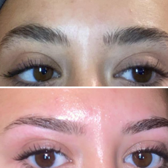 Reviewer's eyebrows before and after waxing, now with a more defined shape