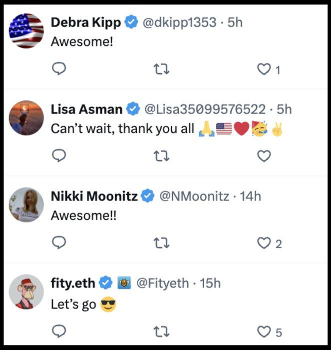 Social media posts are filled with excitement and gratitude, complete with emojis such as prayer hands, flags, and sunglasses.