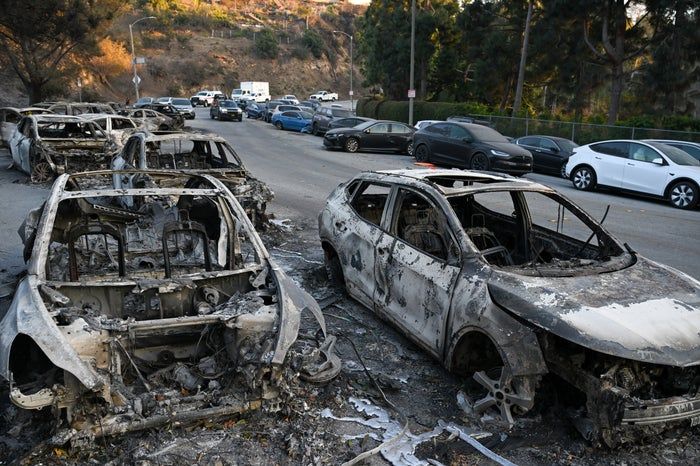 Burned vehicles line a street, with trees and a hill in the background.
