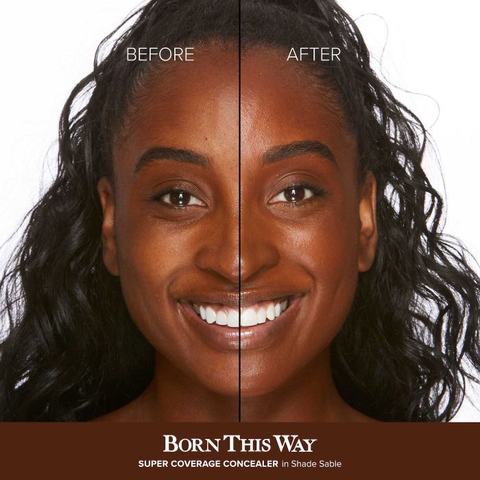 Model before and after using the Born This Way Concealer — the after side is even-toned, smooth, and glowing