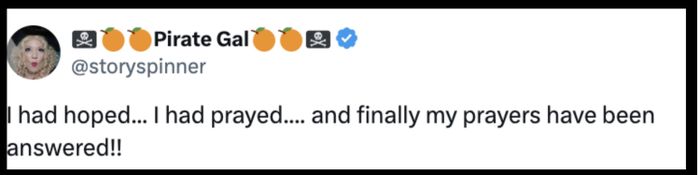 Tweet from user Pirate Gal expressing relief and gratitude: