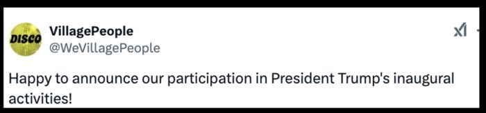 A tweet from the Village People announcing their involvement in President Trump's inaugural events.
