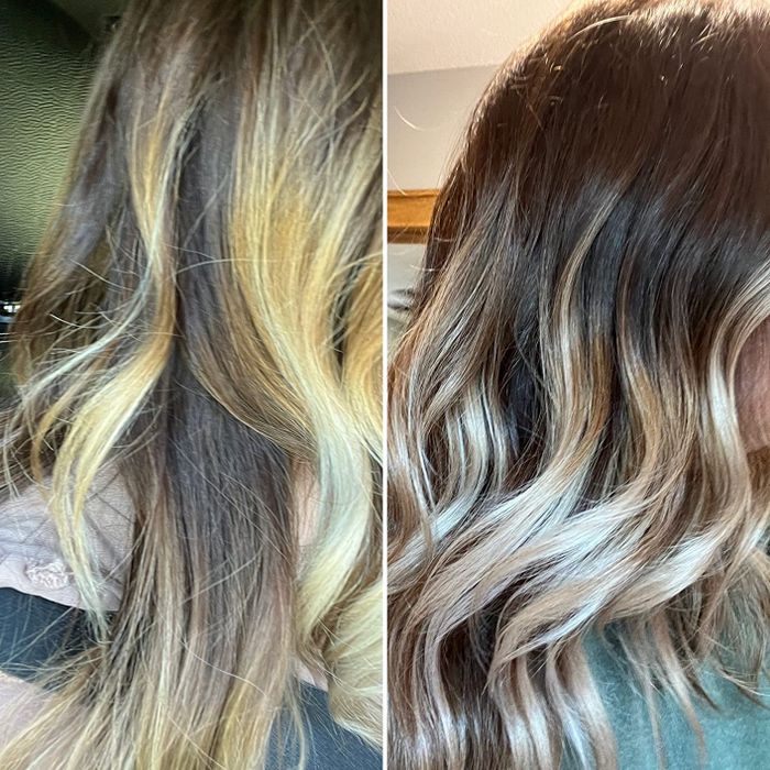 Split image showing a reviewer's hair before using the shampoo (yellow and brassy) and after using it (ash blonde with neutral tones)