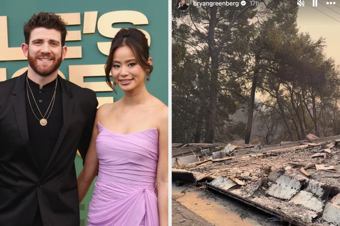 On the left, a man in a black suit and a woman dressed in a strapless lavender gown strike a pose on the red carpet. On the right, a scene depicting destruction with fallen trees and scattered debris.