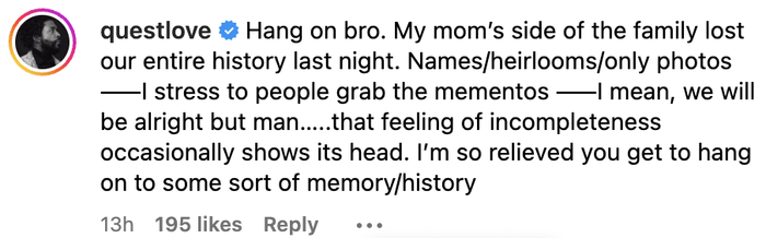 A user comments about losing family history, encouraging others to preserve keepsakes and expressing relief that some memories can still be cherished.