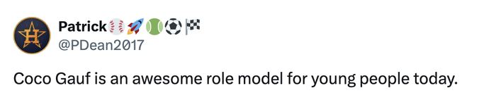 A tweet by user @PDean2017 commends Coco Gauff as a fantastic role model for younger generations.