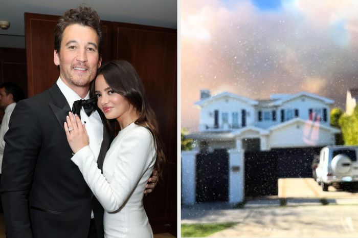 A man in a formal suit and a woman in a sophisticated dress pose for the camera, with an image of a house engulfed in smoke beside them.