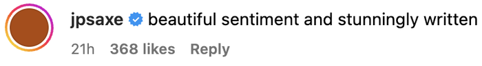 Comment from verified user jpsaxe: "Beautiful sentiment and exquisitely written." Posted 21 hours ago with 368 likes.