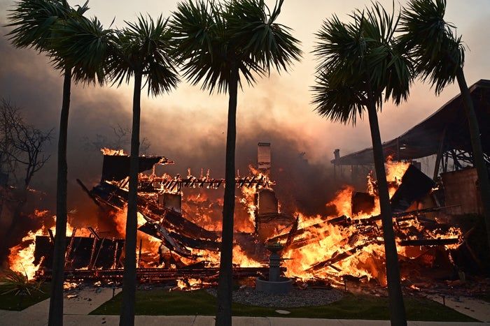 A structure ablaze behind palm trees, sending thick plumes of smoke into the sky
