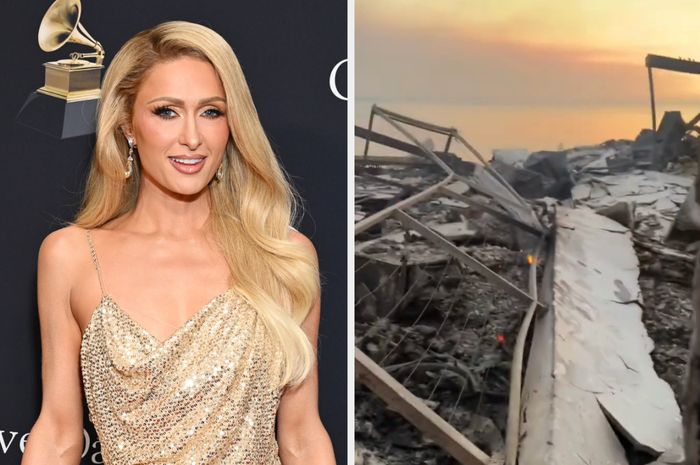 Left: A person wears a dazzling gown at an event. Right: The blackened remnants of a building after a fire.