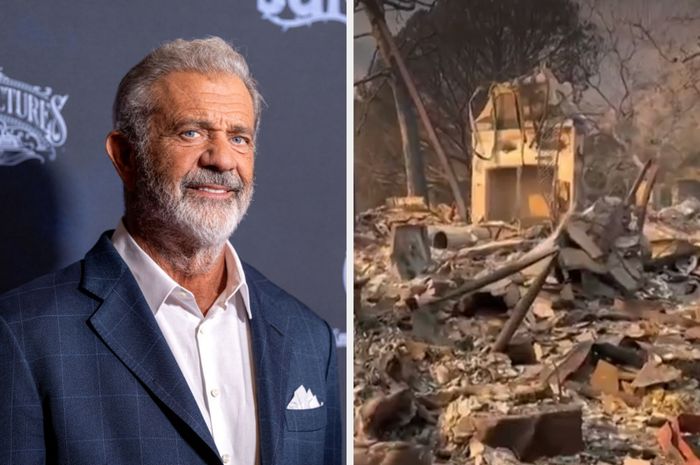 A person in a formal suit posing on a red carpet, contrasted with a scene of devastation featuring rubble and debris scattered in a forested area.