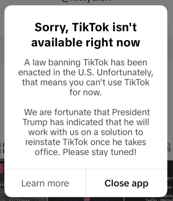 A message popped up saying TikTok was banned in the U.S., with a note that President Trump plans to bring it back once he's back in office. The options were: 