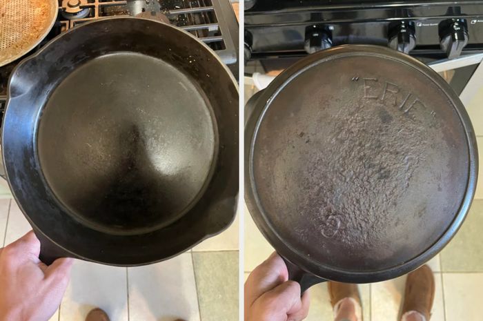 A person holding a frying pan.
