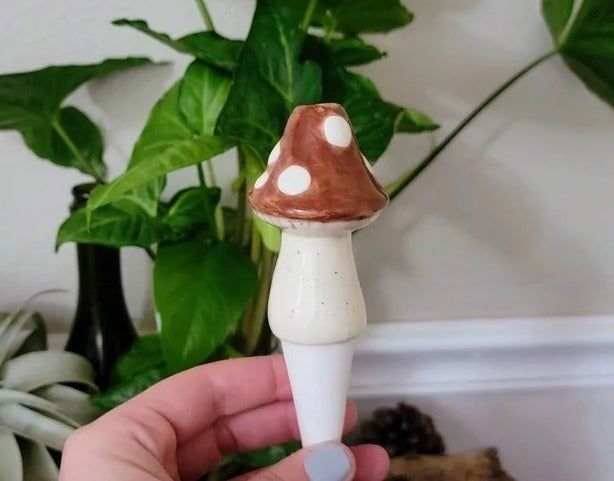 Person holding a brown mushroom watering spike