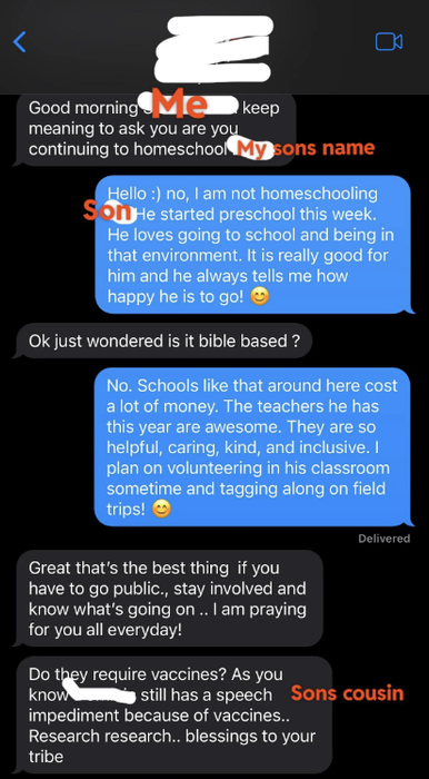 Three text message bubbles outlining a conversation about the benefits of homeschooling and mobile-based education, with a supportive response included.