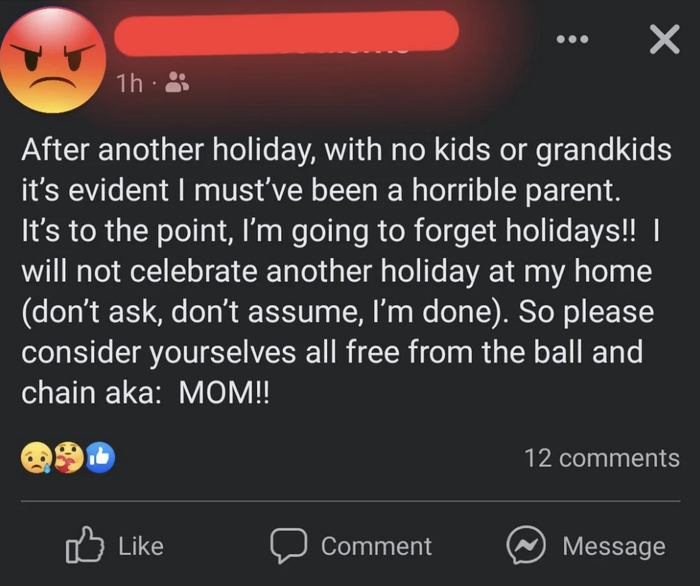A post on social media expressing frustration about holidays and the desire to release families from the burden of obligations, sparking mixed reactions.