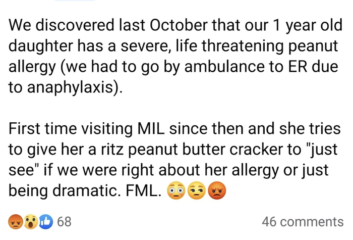 A post describing a personal experience involving a child's severe peanut allergy and a troubling encounter with a relative.