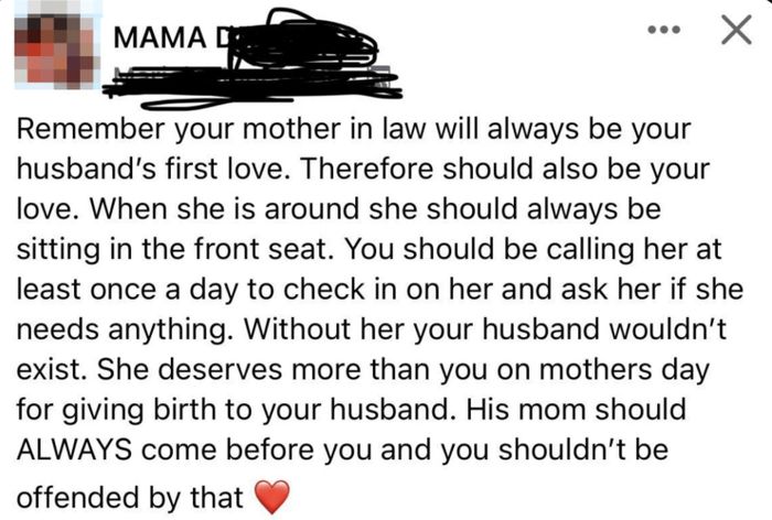 The post highlights advice on showing respect to one's mother-in-law and appreciating her involvement and contributions.
