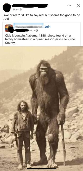 An old photograph showing a man next to a large humanoid figure, accompanied by text speculating about the authenticity of the image.