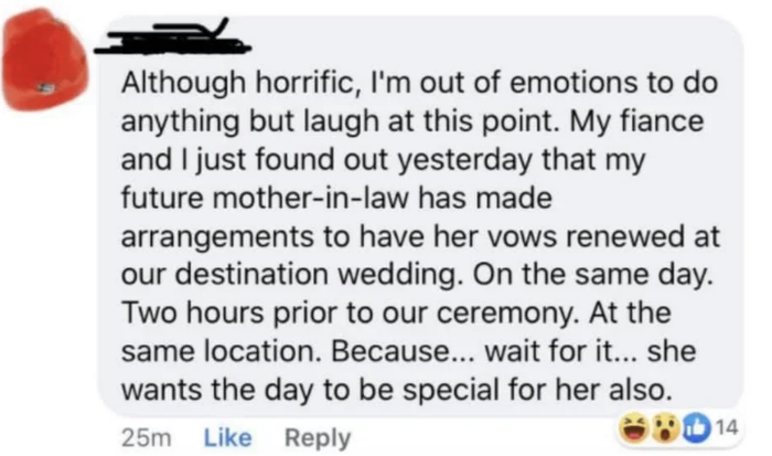 A screenshot from a social media post sharing a tale of a future mother-in-law planning her own wedding on the same day as the couple's.