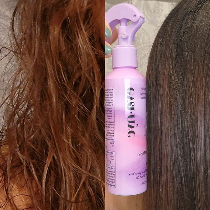 Before and after photos of a reviewer with frizzy, tangled hair that transforms into smooth, straight, and frizz-free locks