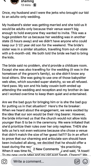 Image showing a long social media post addressing family conflicts at a wedding.
