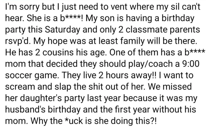 An image showing a text message expressing frustration over a scheduling conflict with a family member's birthday party.