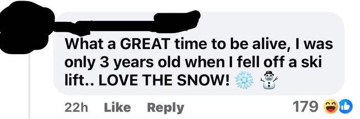 A comment reminiscing about the joys of snow and a childhood skiing accident, with reactions and emojis accompanying the post.