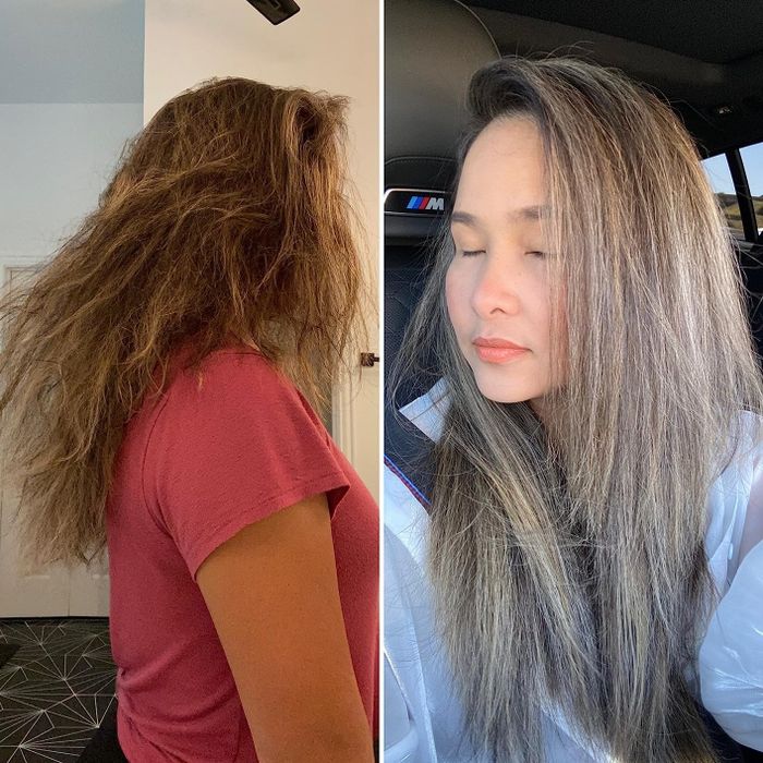 before image of a reviewer with dry, damaged, and frizzy hair and after image showing the same reviewer with smooth, shiny hair