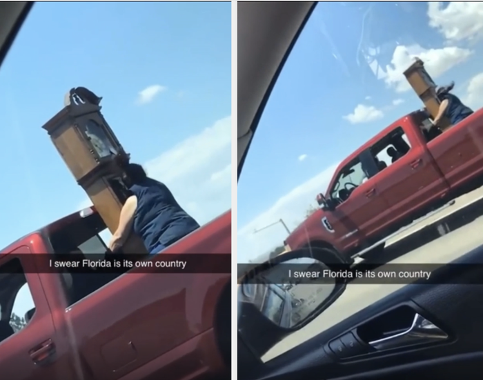 Two images show a person in a red truck holding a grandfather clock through the driver’s window. Caption reads: 
