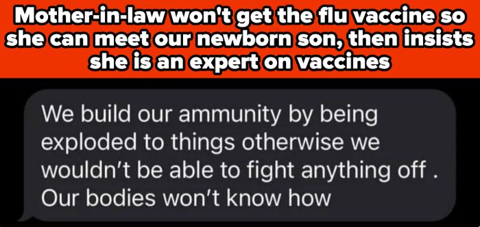 A social media post about a mother-in-law refusing the flu vaccine to meet her newborn, claiming to be an expert on vaccines, but making a typo when discussing immunity.