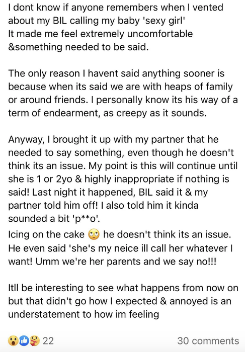 A summary of a story where someone feels uncomfortable after their partner recalls their baby saying 'bye' but not the baby's name, finding it invasive and inappropriate.