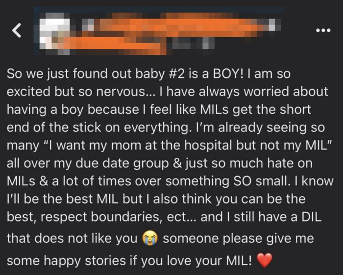 The image shows a social media post where a user shares the news of expecting a boy, while expressing mixed emotions about family dynamics.