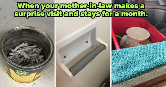 Three images: a can filled with cigarette butts, an empty toilet paper roll, and a sink covered with dirty dishes and a wet towel.