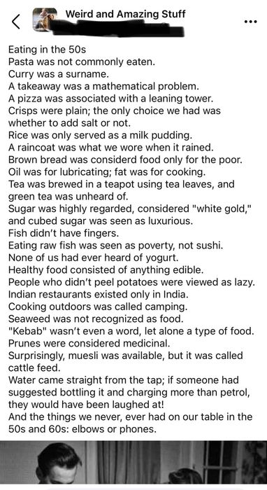 A post summary about dining in the 1950s and 60s: Pasta was rare, curry didn’t exist, and restaurants closed early. Reserved dining etiquette was the norm.