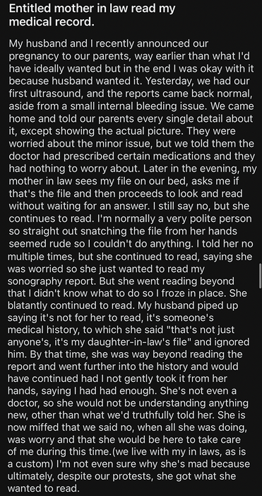 A person expresses their frustration over their mother-in-law reading their medical records without consent, highlighting issues of privacy invasion.