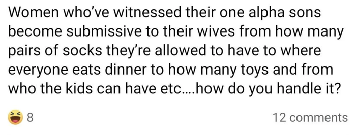 A meme discussing how women observe their alpha sons becoming submissive when it comes to household decisions.