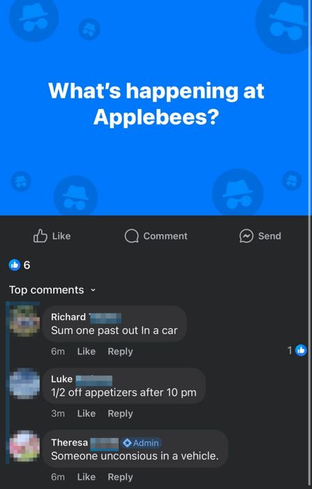 A Facebook post inquiring about something at Applebee's. Comments mention someone unconscious in a car and the availability of half-price appetizers after 10 pm.