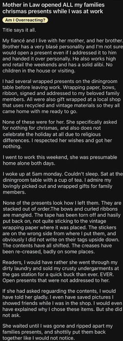 Image summarizing a post about someone’s mother-in-law unwrapping all of their Christmas gifts while they were working