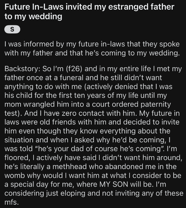 The bride’s in-laws invited her estranged father to the wedding without her approval, and now she’s contemplating eloping because of the emotional hurt it caused.